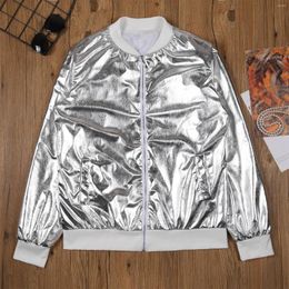 Men's Jackets Mens Fashion Metallic Zipper Jacket Clubwear Shiny Long Sleeve Ribbed Hem Coat Dance Party Stage Performance Costume