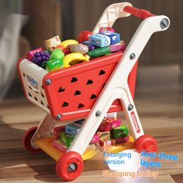 Kitchens Play Food Shopping Car Toy Kids Large Supermarket Cart Trolley Push Toys Basket Simulation Fruit Pretend House Girl 230615