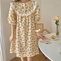 Women's Sleepwear Summer Short Sleeve Nightgown Ins Loose Floral Print Lacework Cute Sleepdress Home Clothes Crepe Cotton Mini Dress Night
