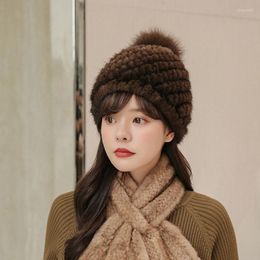 Berets Mink Weaving Fur Cap Women Winter Genuine Bomber Hat Windproof Warm Earmuffs Flat Grey/Black Russian Fitted
