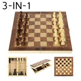 Chess Games 3 in 1 Folding Wooden Backgammon Checkers Travel Set Board Draughts Entertainment Portable Game 230615