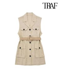 Women's Vests Women Fashion With Belt Linen Waistcoat Vintage Sleeveless Front Patch Pockets Female Outerwear Chic Vest Tops