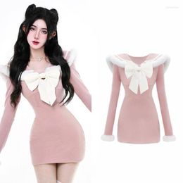 Casual Dresses Sweet Girl Long-sleeved Velvet Slim Dress Women's Sailor Collar Buttocks Bow Design Short Fashion Female Clothes