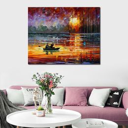 Modern Canvas Art Street Scenes Night Fishing Hand-painted Oil Paintings Living Room Decor