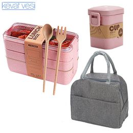 Bento Boxes 3 Layer Wheat Straw Lunch Box with Bag Japanese Microwave Fork Spoon Food Container for Student Office Staff 230616