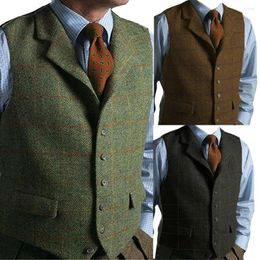 Men's Vests Green Men Vest Tweed Plaid Waistcoat Slim Fit Lapel Suit Herringbone Vintage For Wedding Groomsmen