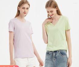 Women's T Shirts Double-sided Mercerized Cotton T-shirt Women's Spring And Summer Loose Round Neck V-neck Pure Colour Short-sleeved