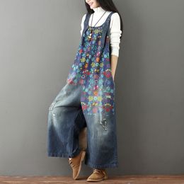 Women's Jumpsuits Rompers Denim Jumpsuits Women Ripped Jeans Oversize Scratched Bib Wide Leg Overalls Female Baggy Rompers Japan Harajuku Printed Floral 230616