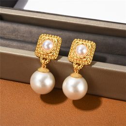 French Luxury Vintage Fried Dough Twists Block Inlaid Pearl Pendant Earrings For Women Niche Design Charm Fashion Jewelry
