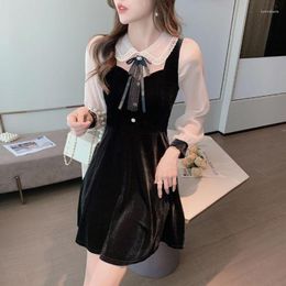 Casual Dresses Elegant Vintage Velvet Black Dress For Women Doll Collar Lantern Sleeve Female Vestidos Sexy Party Robe Midi