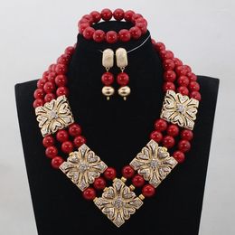 Necklace Earrings Set African Wedding Bridal 2023 Luxury Design Wine Red Coral Beads Women ABH185