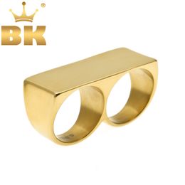 Solitaire Ring Personality Hip Hop Two Finger Rings Stainless Steel Gold Color Men Punk Biker Rings Women Party Cool Ring Size 10 11 Available 230615