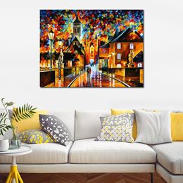 Vibrant Oil Painting Street Landscape Night in The Old City Handmade Canvas Art Contemporary Loft Decor