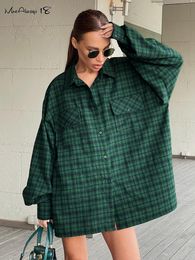 Skirts Mnealways18 Green Shacket Oversize Shirt Dropped Shoulder Street Style Plaid Blouses Double Pockets Casual Loose Top 2023 230616