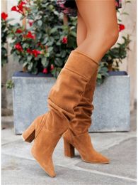 Women Boots2023 Winter New Designer Luxury Faux Suede Fashion High Heel Women Shoes Elegant Plus Size Lady Mid Calf Boots