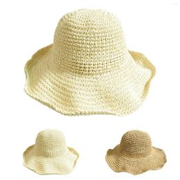 Wide Brim Hats Handmade Hollow Straw Hat Cowboy With Curled And Raised Edge Beach Sunscreen Womens Caps