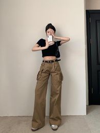 Women's Pants Khaki Grey Cargo Pant With Side Big Pocket Techwear Straight High Waist Trouser Y2k Women's 2023 Harajuku Streetwear Kpop
