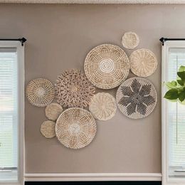 Decorative Objects Figurines Set of 10 Hanging Woven Plate Wall Decoration Boho Straw Rattan Round Basket Rustic Farmhouse Kitchen Baskets 230615