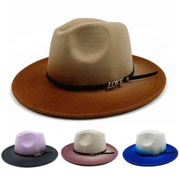 Wide Brim Hats Bucket Hats Gradient Fedoras Hat Women Men Hat Love Belt Unisex High Quality Fashion Church Panama Hat Woollen Fedoras Jazz Cap Brim 230615