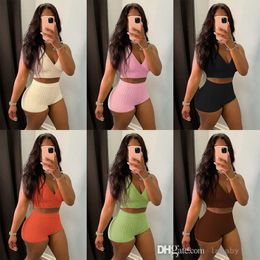 Ribber Shorts Sets Tracksuit Women Deep V Sleeveless Crop Top Vest And Shorts Two Piece Set Female Solid Color 2pcs Outfit