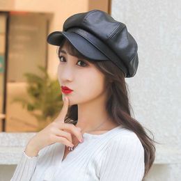 Berets New Female Autumn Winter Beret Hats Pu Leather Beret Cap Boina Feminina Gorras Bone metal Vintage England For Women Ladies Z0613