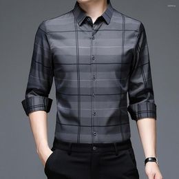 Men's Casual Shirts Men Business Shirt Plaid Print Buttons Spring Turn-down Collar Single-breasted Office Top Slim Fit Long Sleeves
