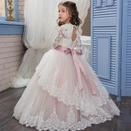 Girl Dresses O-Neck Full Long Sleeves Lace Appliques Belt Party Floor Length Gown Princess Flower Dress Custom Size