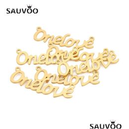 Pendants Sauvoo 5Pcs/Lot Lovers Gift Diy Jewelry Findings Charm Onelove Word Engraved Stainless Steel Necklace Pendant Gold Color Dr Dhtc0