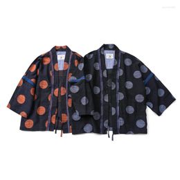 Men's Jackets Japanese Retro Men's Spring/summer Embroidery Coats Loose Cotton Linen Half Sleeve Coloured Woven Polka Dot Robe Jacket