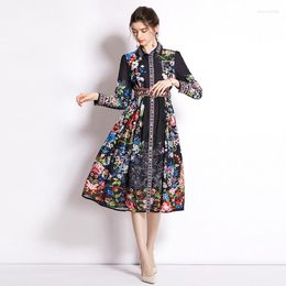 Casual Dresses 2023 Summer Fashion Women Lantern Sleeve Lapel Floral Printed Loose Dress With Model Version Belt Vestidos