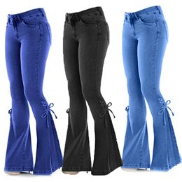 Pantaloni svasati elasticizzati a vita media da donna Jeans slim fit in denim a gamba larga Pantaloni a tasca con fondo a campana skinny casual stile coreano