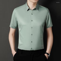Men's Dress Shirts Mens Green Silk Satin 2023 Summer Short Sleeve Slim Fit Ice Shirt Party Wedding Casual Non-iron Social Camisa