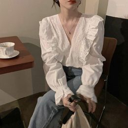 Women's T Shirts Design Sense French Niche Flounces V-neck Loose White Long-sleeved Shirt Blouse For Women