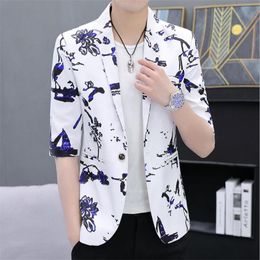 Men's Suits & Blazers Summer Men Blazer 2023 Korean Fashion Street Version Slim Trend In Sleeve Small Suit Graffiti Ruffian Handsome