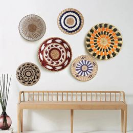 Decorative Objects Figurines Nordic Style INS Straw Rattan Wall Decor Round Basket Decoration Crafts Hanging Frame Handwoven 230615