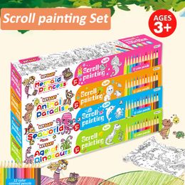 Other Toys Children Colouring Paper Graffiti Scroll Colour Painting Picture Roll 12pc Pencil Set Gift 230615