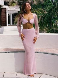 Women's Swimwear Summer Women's White Tethered Long-sleeved Hip Casual Hollow Out Knitted Long Skirt Suit Bikini Cover Up Beach Dress A1882 230616
