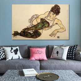 Colourful Abstract Painting on Canvas Reclining Woman with Green Stockings Egon Schiele Art Unique Handcrafted Artwork Home Decor