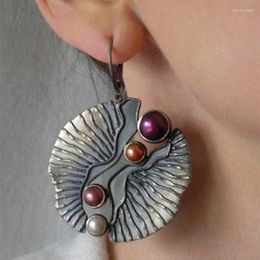 Dangle Earrings Ethnic Style Round Inlaid With Colored Imitation Pearls Exaggerated Antique Silver Disc Scallop Shell