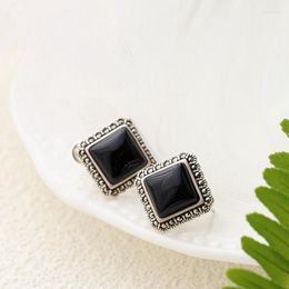 Stud Earrings Authentic 925 Sterling Silver Lady Retro Style Charm Inlaid Natural Black Agate Square Earring Concise Trendy Jewelry