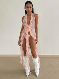 Casual Dresses Sexy Women's Halter Hollow Out Ruffles T-shirt Dress Y2K Streetwear 2023 Summer Flower See-through Long Beach