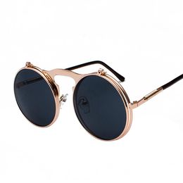 Vintage Steampunk Flip Up Men Sunglasses Women Retro Round Metal Frame Sun Glasses Hinge Design Curved Glasses Legs UV400300b