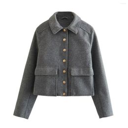 Women's Jackets 2023 Gray Cropped Jacket Elegant Golden Buttons Chic Lady Long Sleeves High Street Coat Top Female Spring