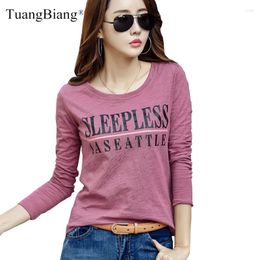 Women's T Shirts TuangBiang Spring 2023 Bamboo Cotton Long Sleeve Loose Letter T-Shirts Women Korean Casual O-Neck Ladies Fashion Brand Slim