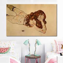 Abstract Figurative Canvas Art Female Nude Lying on Her Stomach Egon Schiele Painting Hand Painted Modern Wall Decor