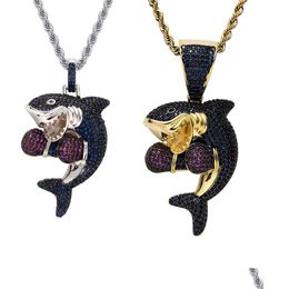 Pendant Necklaces 18K Gold Sport Boxing Shark Necklace Jewellery Set Diamond Cubic Zirconia Animal Hip Hop Bling For Women Men Stainle Dhu6N