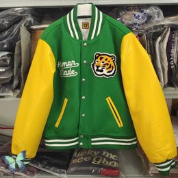 Men's Jackets Human Made Green Jacket Men Women Thick Tiger Embroidery Leather Sleeve Baseball Uniform V5OB