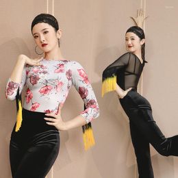 Stage Wear 2023 Latin Dance One-Piece Female Mid-Sleeve Slim Bodysuit National Standard Clothes Practise DN12065