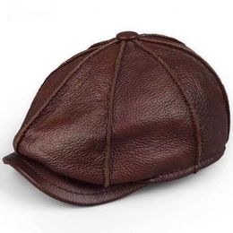 Berets Retro Octagonal Genuine Leather Hat Autumn Men's Cowhide Leather Beret Elegant Fashion Student Tongue Cap Snapback Caps For Men Z0613
