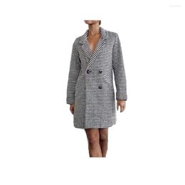 Women's Jackets European Style Double Breasted Down-down Collar Long Sleeves Houndstooth Worsted Coat Winter Warm Slim Out Wear FS0626